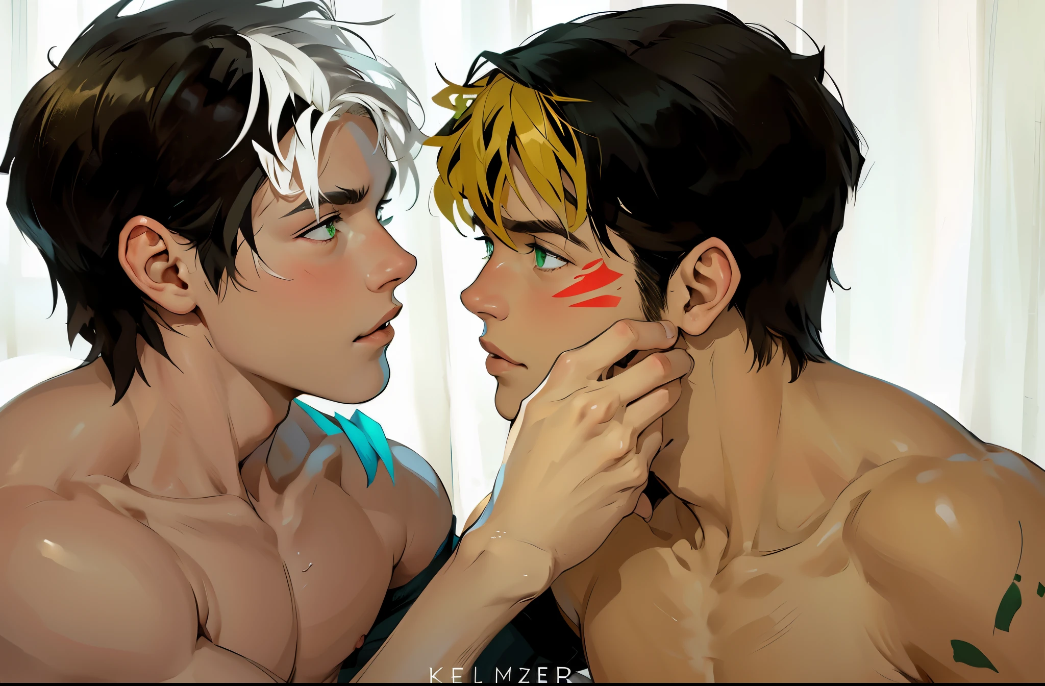 There are two cute 16-year-old boys, shirtless, shirtless, slim athletic body, green eyes, one has white hair on his forehead and is telling a story to his friend, tenderly touching his face and talking to him with his mouth open.