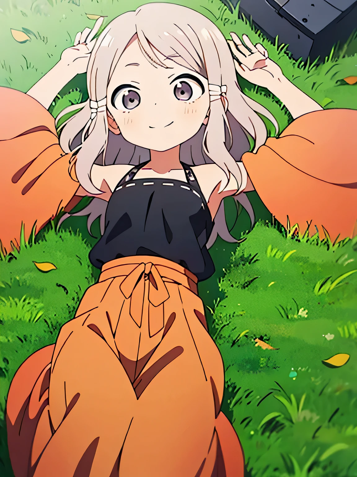 masterpiece, best quality, KunoichiAjisai, black shirt, sleeveless, orange pants, orange sleeves, anime, closed mouth, solo, cowboy shot, on back, on grass, arms up, shy smile, long hair, grey hair,