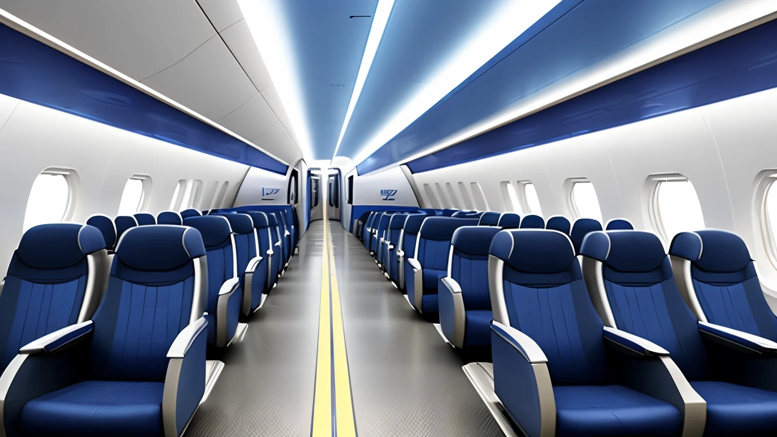 super high speed train and passengers，high speed train rendering design，airplane cabin details，Interior parts that glow blue，A luxurious interior，Works by Wayne England，Robert Medley&#39;s works，Interior background thumbnail by Derek Zabroki，interior design：robert jacobson。The color of the seat is blue