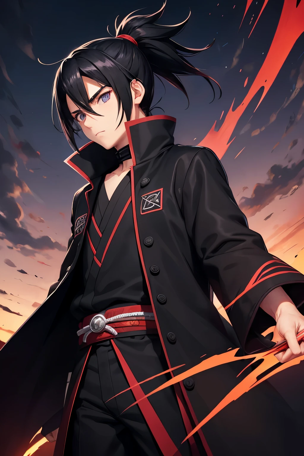Create an illustration of a -yeld macharacter in the style of Naruto anime. The character has medium, jet-black hair tied up neatly in a high ponytail with a few loose strands framing his face. He wears a traditional black ((overcoat)) with a more classical design, reminiscent of feudal Japan, featuring subtle red and purple accents in the form of embroidered symbols or patterns along the edges. The coat should be slightly open to reveal a black t-shirt underneath. The boy's stance should be confident, facing the viewer directly with a determined expression in his eyes. Ensure that his body is positioned squarely towards the viewer, allowing for a clear view of his attire and demeanor.