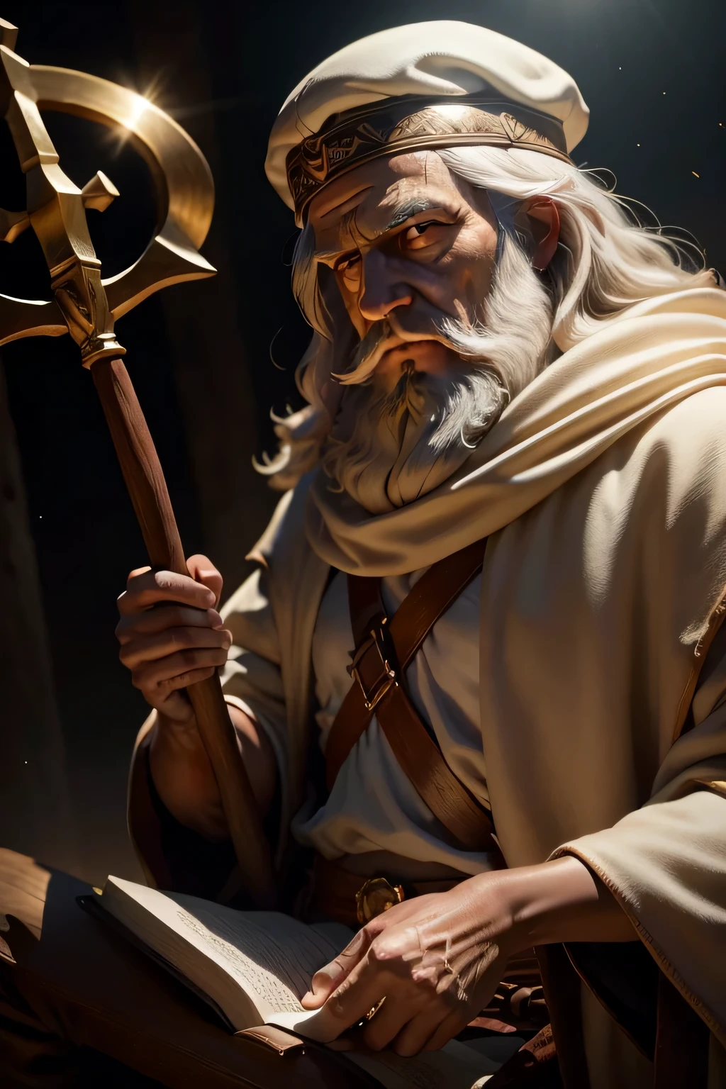 Moses from the bible holding a wooden staff,beautiful lighting, melhor qualidade, Realistic, imagem real, detalhes intrincados, altamente detalhado, Fujifilm XT3, sem antecedentes, beautiful lighting, Foto RAW, 8k UHD, filmic grain, History of the SEM