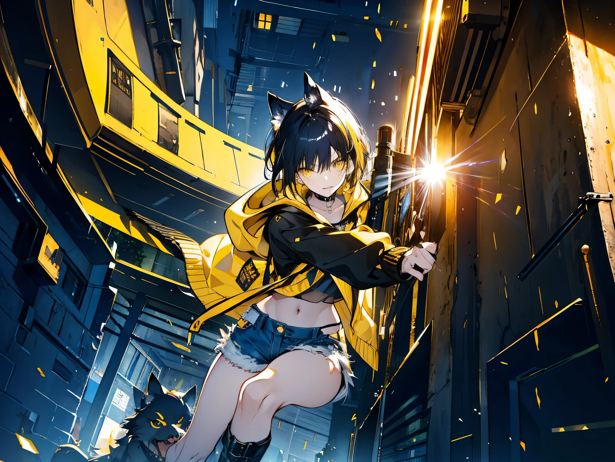 Masterpiece, very high quality, delicate eyes, 1girl, black hair, wolf short hair, yellow color inserts in random spots in hair, beautiful golden eyes, Lepidoptera, healthy light skin, black and yellow (8:2) hoodie, navel out, dark blue denim damaged shorts, black choker, black short boots Black choker, black short boots, two guns, fighting with two guns, dynamic angle, pupils dilated, smirking, fighting maniac, midnight, on the street