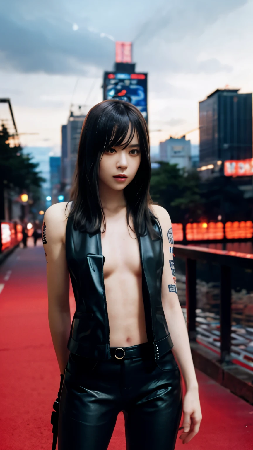 highest quality，masterpiece，Super detailed，8K, UHD，Beautiful woman，japanese woman，Expressionless，(Topless)，whole body，((tattoo))，slim，black leather pants，black leather vest，(female mafia)，gangster，(cyberpunk city)，night，cinematic lightening，movie poster，underworld