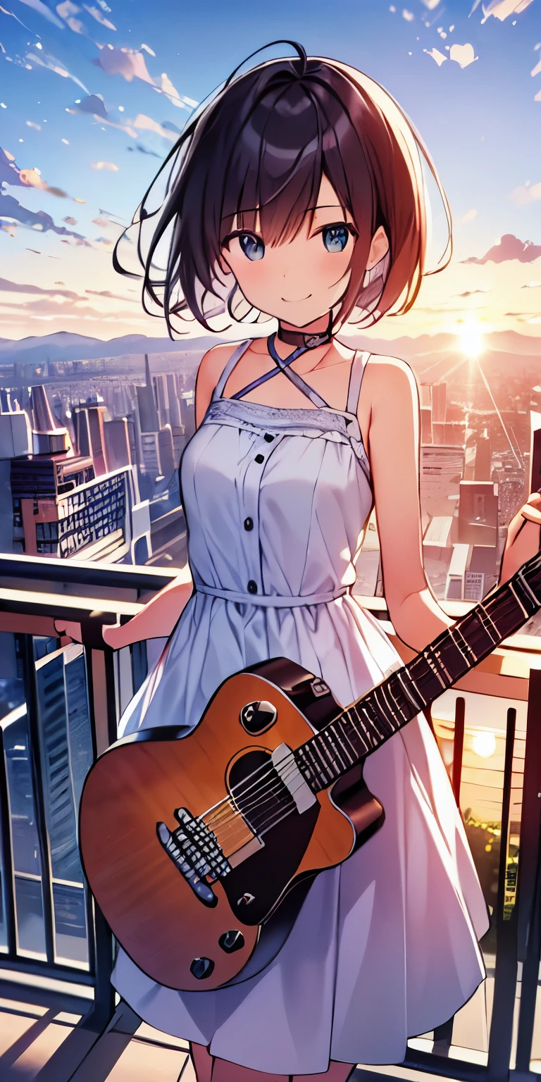 table top, highest quality,figure, wallpaper, ultra detail, absurd, 16 year old girl, alone, (medium short hair、play the guitar、Smile、Overlooking the city from the top of the hill、the sunset is beautiful