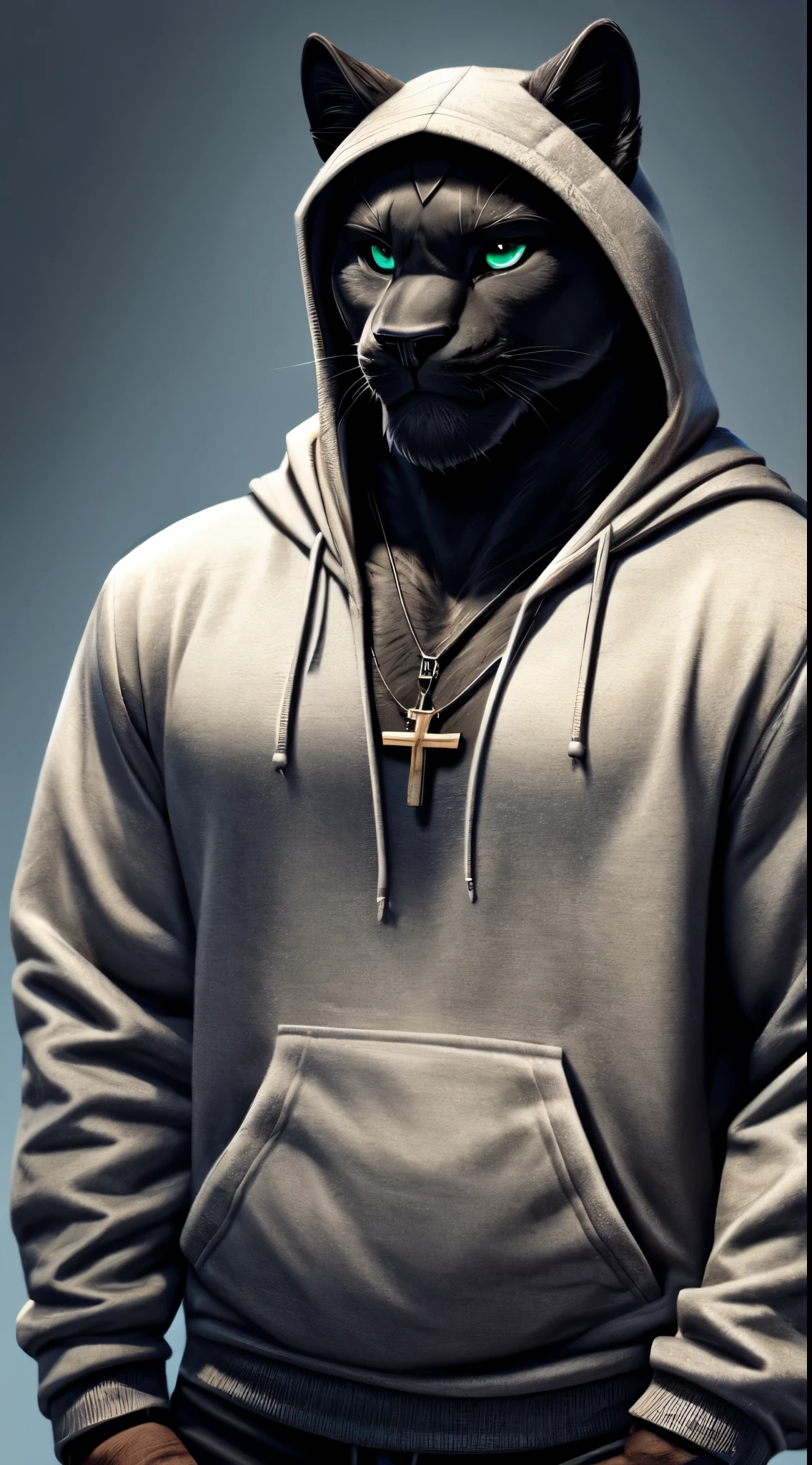 gigachad black panther in a hoodie, with a cross necklace