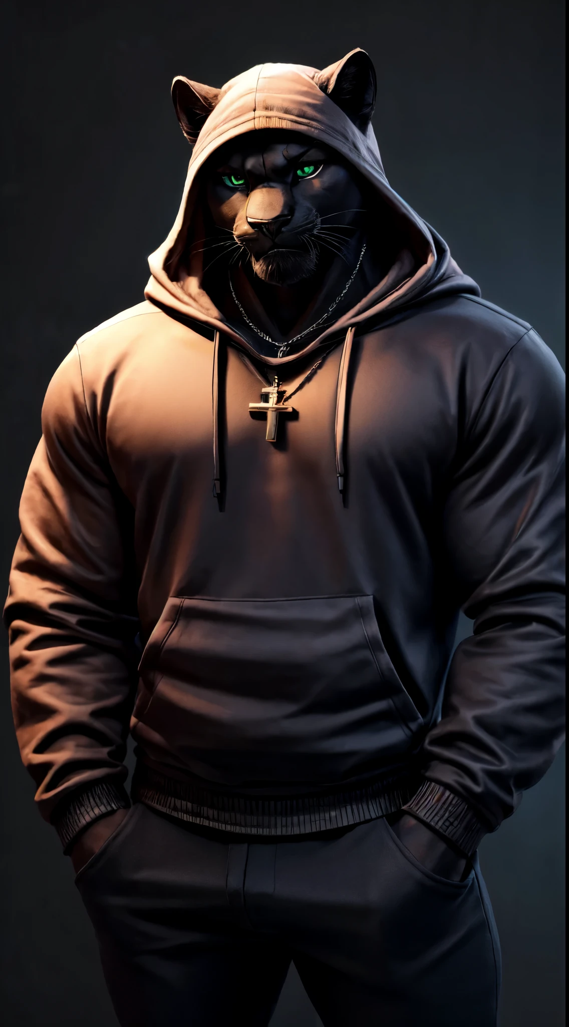 gigachad black panther in a hoodie, with a cross necklace