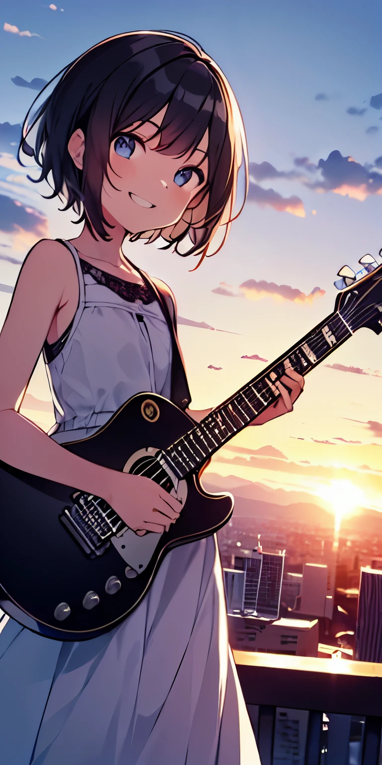table top, highest quality,figure, wallpaper, ultra detail, absurd, 16 year old girl, alone, (medium short hair、play the guitar、Smile、Overlooking the city from the top of the hill、the sunset is beautiful