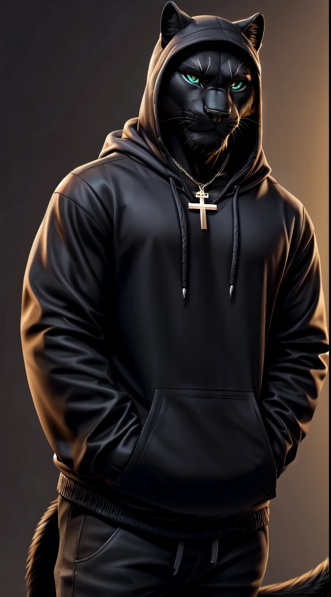 gigachad black panther in a hoodie, with a cross necklace