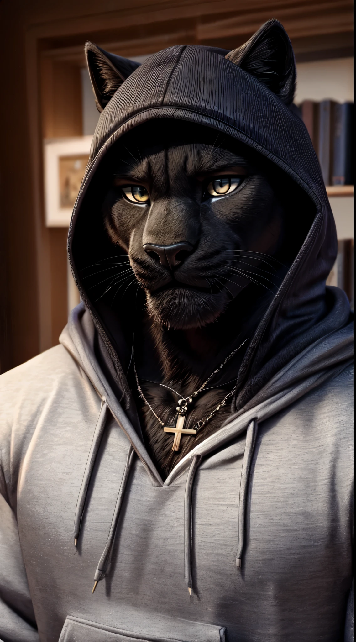 gigachad black panther in a hoodie, with a cross necklace