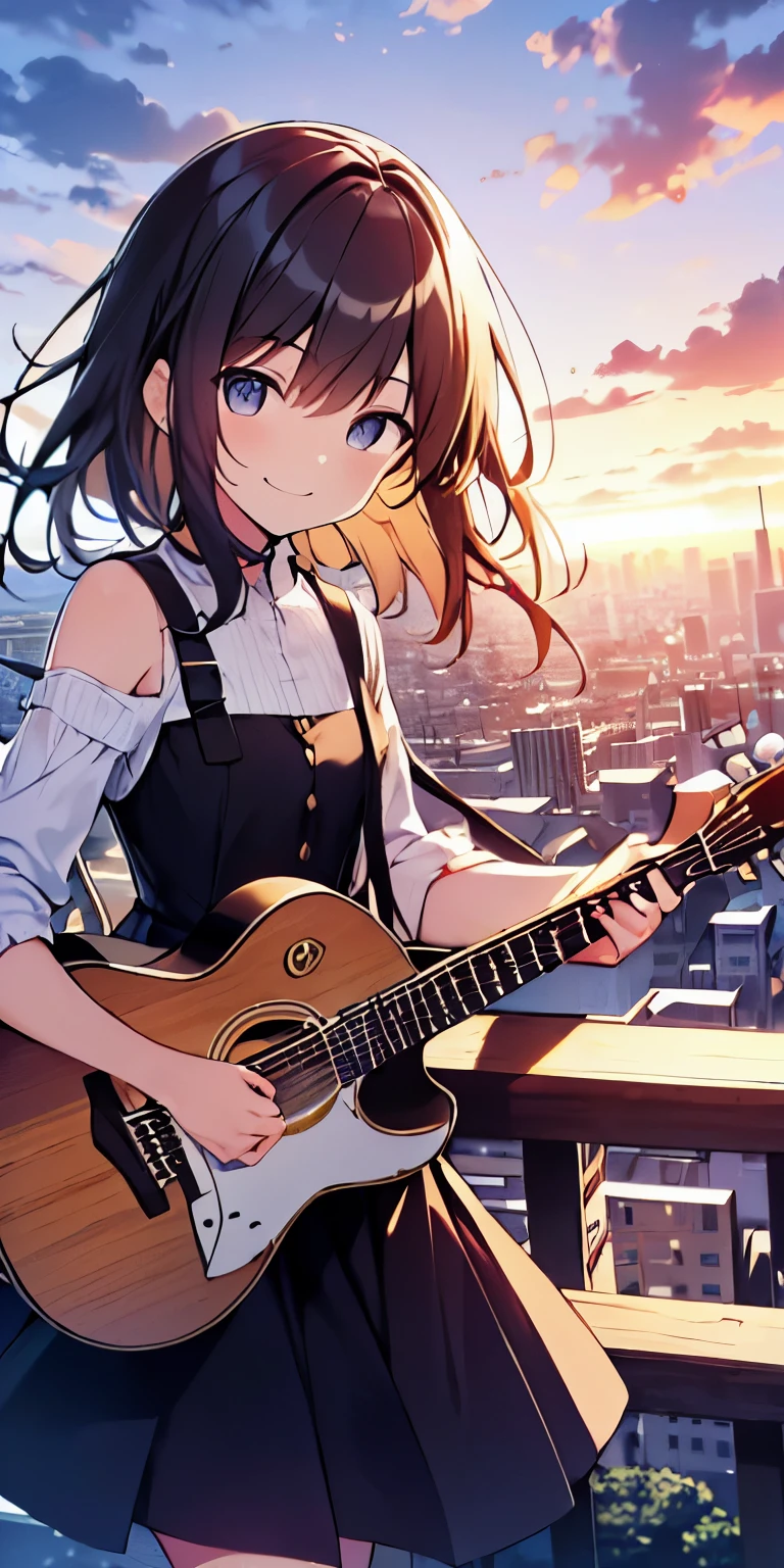table top, highest quality,figure, wallpaper, ultra detail, absurd,Tips for 16 year old girl with long wavy hair, alone, (medium short hair、play the guitar、Smile、Overlooking the city from the top of the hill、the sunset is beautiful、the wind is strong