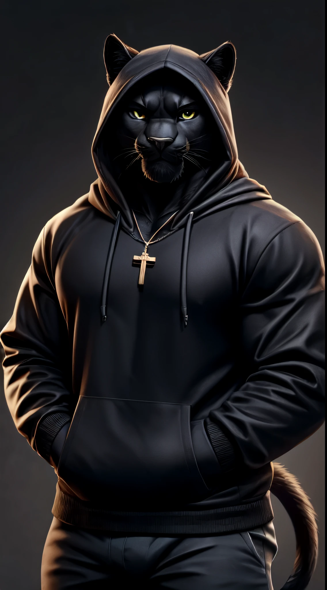 gigachad black panther in a hoodie, with a cross necklace
