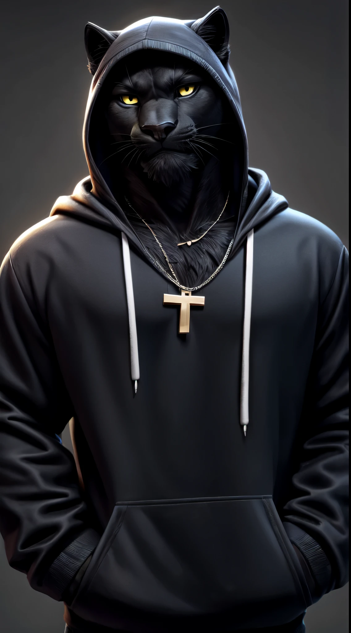 gigachad black panther in a hoodie, with a cross necklace