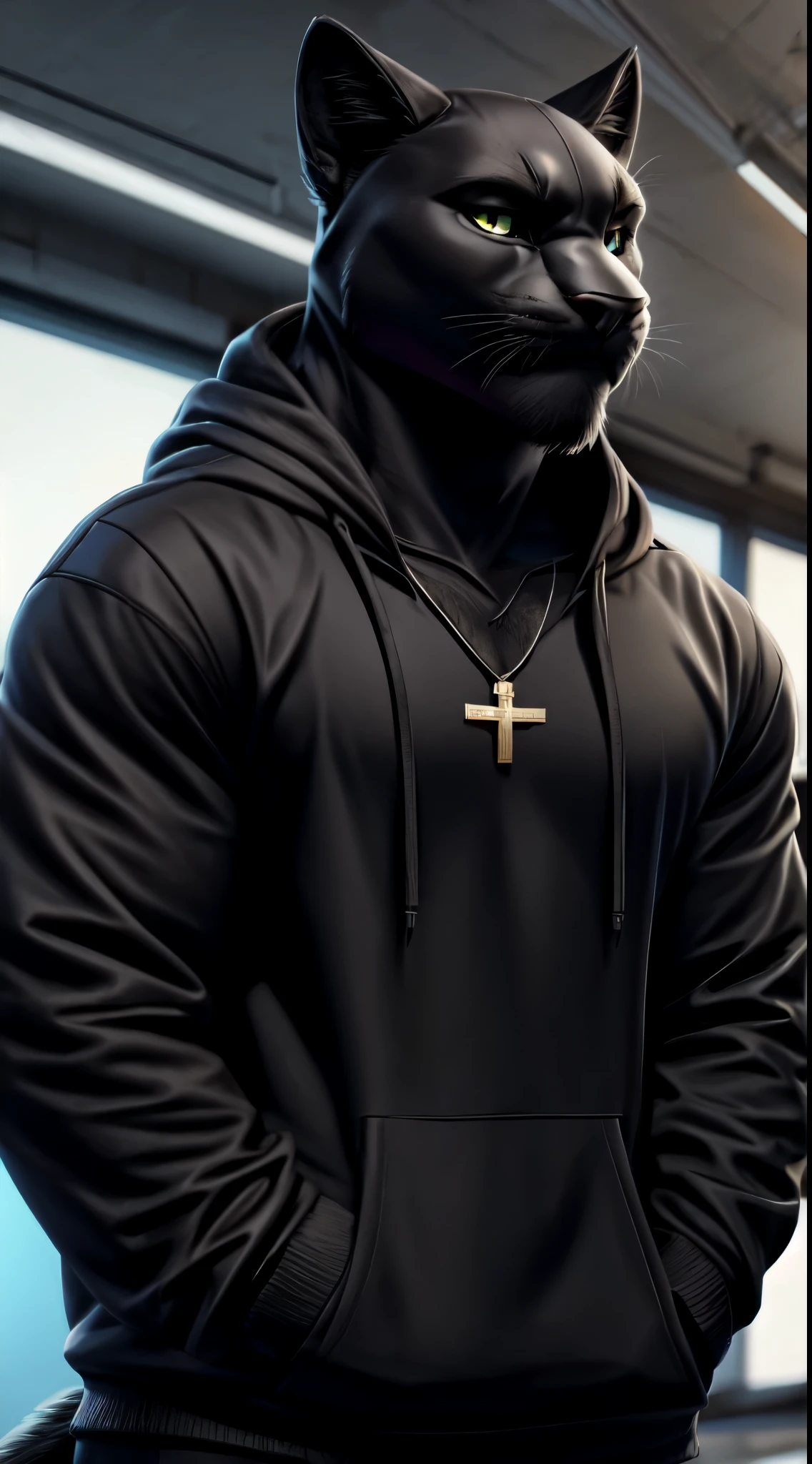 gigachad black panther in a hoodie, with a cross necklace