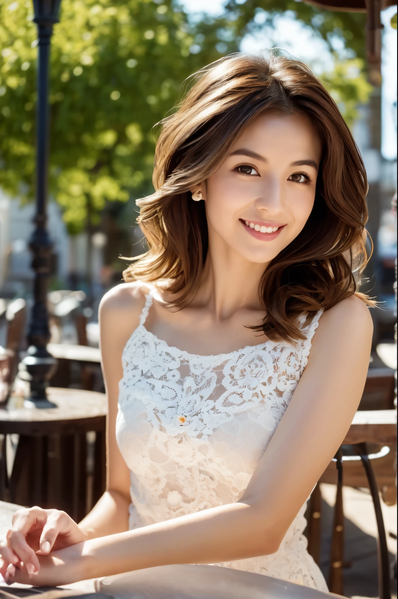 (8k, best qualtiy, Mastering:1.2), (realisticlying, photo-realistic:1.37), ultra-detail, 1 girl in, Skinny Japanese woman, looking at viewer, Black stockings, Beautiful detailed sky, Meticulous café, Sit at the table for afternoon tea, full bodyesbian, (smile:1.15), Small chests, Tight lace top, white lace chemise, Shoulders exposed, Beautiful exquisite eyes, In the daytime, rays of sunshine, (wavy hair:1.4), shoulder-length hair, brown hair, white skinned, cinematic lighting, lamplight, the street lights, (The sexiest actress: 1.4), fully body photo, long legs, high-heels,