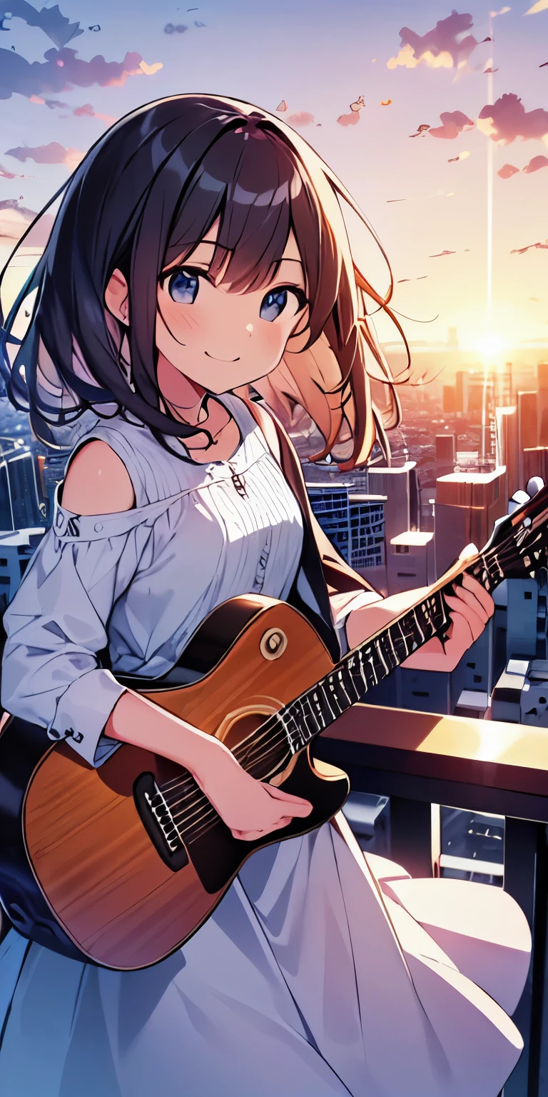 table top, highest quality,figure, wallpaper, ultra detail, absurd,Tips for 16 year old girl with long wavy hair, alone, (medium short hair、play the guitar、Smile、Overlooking the city from the top of the hill、the sunset is beautiful、the wind is strong
