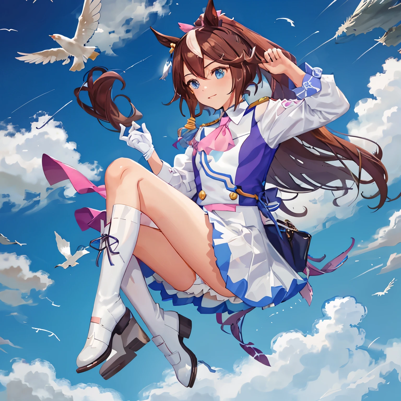 ((masterpiece, highest quality)),1 girl,Tokai Teio,Tokai Teio(Racing Clothes),horse ears,Uma Musume,brown hair,length hair,high ponytail,striped_hair,colorful_hair,blue eyes,epaulet,pink_Ascot,skirt,length_dispel,asymmetrical gloves,white_Jacket,hair_ribbon,colorful_Clothes,white_footwear,knees_boots ,jumping, flight, blue sky, bird feathers, Happy