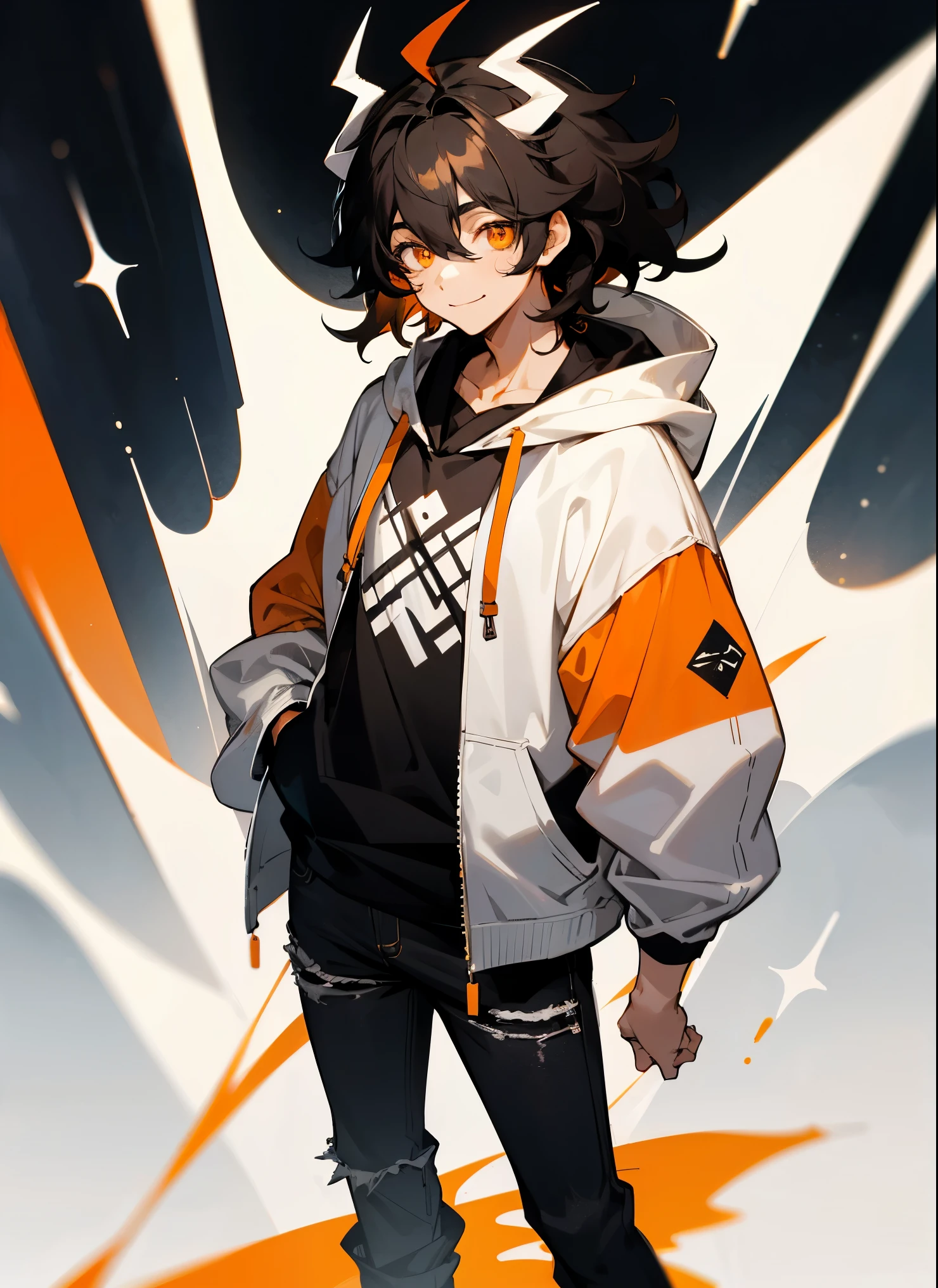 1male , Young Male , White Horns , Messy Black Hair , Wavy Hair , Orange Eyes , White Hoodie , Black Jeans , Calm Smile , Standing on path , Penguin Color Scheme , Casual Clothing