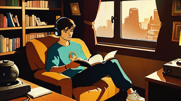 16 year old young man, dark hair, anatomically correct, reading a book, textured skin, wearing headphones and sweatpants, sitting in an armchair, radio, cup of coffee, bookshelf with books, lava lamp, flying saucer in the window