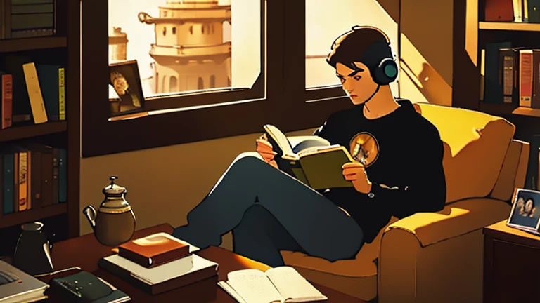 16 year old young man, dark hair, anatomically correct, reading a book, textured skin, wearing headphones and sweatpants, sitting in an armchair, radio, cup of coffee, bookshelf with books, lava lamp, flying saucer in the window