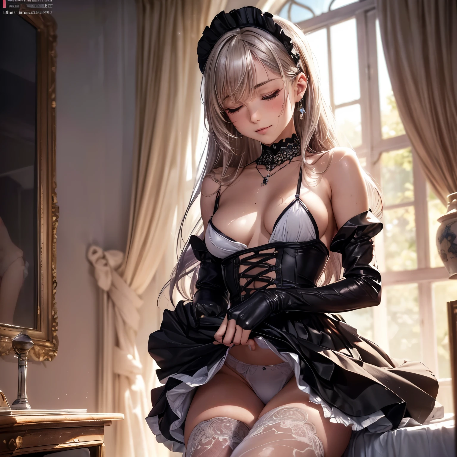 topaz eyes, (small breast:1.5), dress, thighhighs, (sexy standing on knee:1.2), masterpiece, best quality, ultra-detailed, illustration,(1girl), beautiful detailed eyes, short hair, hair over one eye sweaty body, seductive face, smile, jewelry, floating hair, earrings, navel, long hair, necklace, seductive face,( (nurce outfit or maid dress,clothes) white, yellow or beige dress,clothes, purple hair ((undressing one of part underwear herself in front of an viewer,on below view, erotically standing on knee capturing the moment when her clothes are lowered and she vulgaruty caresses herself one of her hand, caressing various place, breast or intimate place or erotically sucking her finger, while caresiing close eyes, with her eyes closed and mouth open)). bedroom, erotic and intimate atmosphere illustration, lens flare, shining, aureole mesmerizing eyes, luscious lips, shadowplay emphasizing beauty, artistic composition, bedroom alluring bedroom setting, dark and moody lighting, seductive ambiance, soft and sensual color tones, silky-textured fabric, detailed cloth draping best quality,4k,8k,highres,masterpiece:1.2,ultra-detailed,(realistic,photo-realistic:1.37) vibrant color,normal breast ,illustration,(perfect hand,perfect fingers), glowify