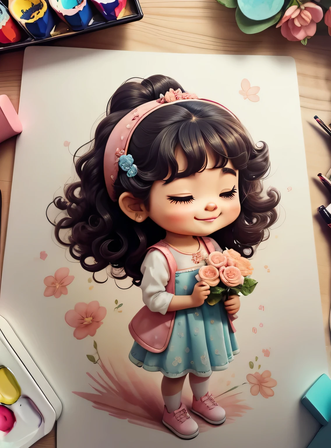 Generate image of a Bonitinho king's daughter princess praying, curly hair standing full body, ansioso, segurando flores em aquarela, sorridente;, vestido floral azul e rosa com babado rosa, alta qualidade, com fundo png, 16k, clear image , Bonitinho