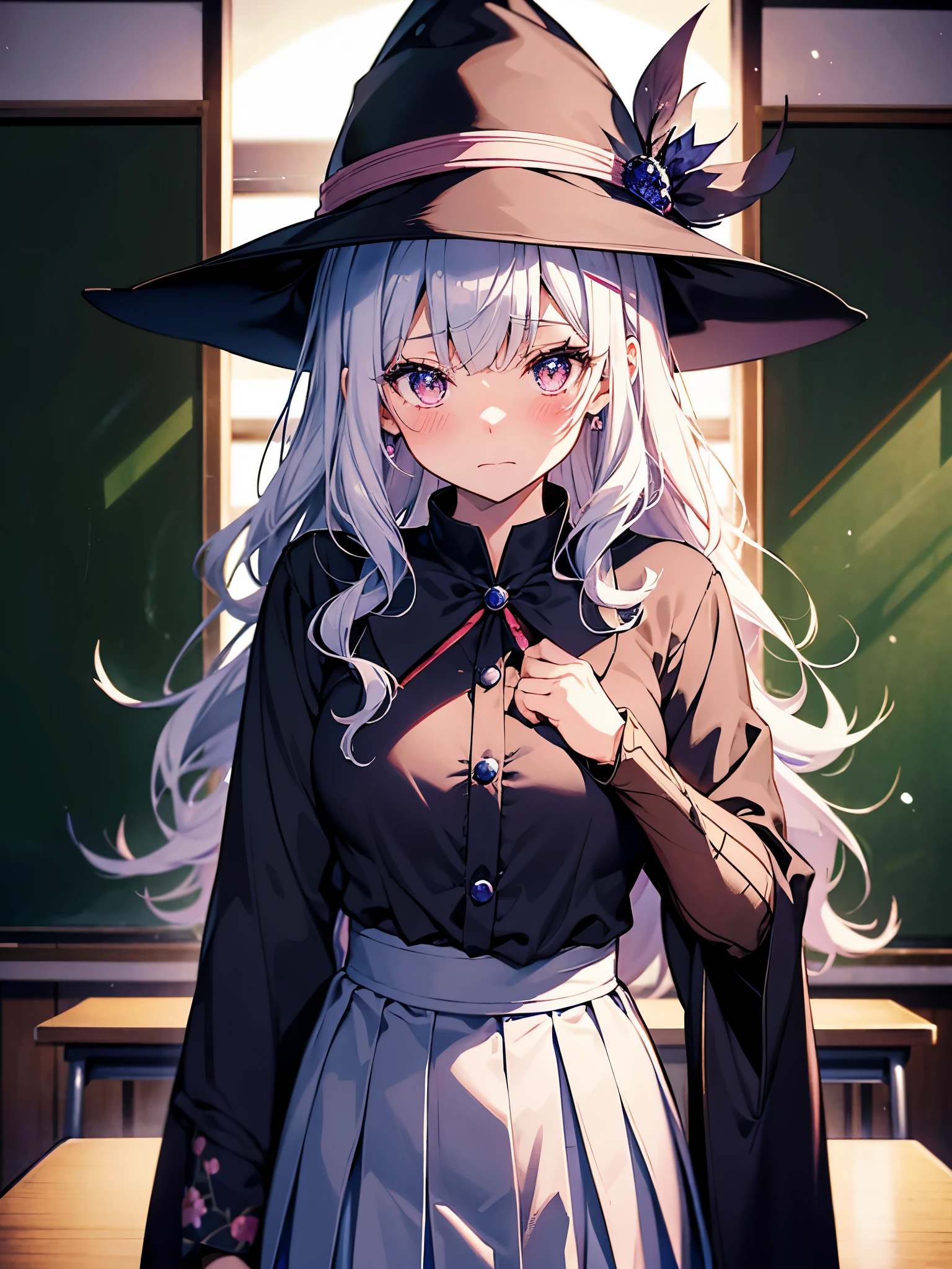 Japan 、She wears a large witch's hat with sapphire accessories、She wears her Japan high school uniform、she has white hair、I'm in a high school classroom in Tokyo late at night.、You can see the blackboard in the background、She is blushing and a little shy、I'm fidgeting