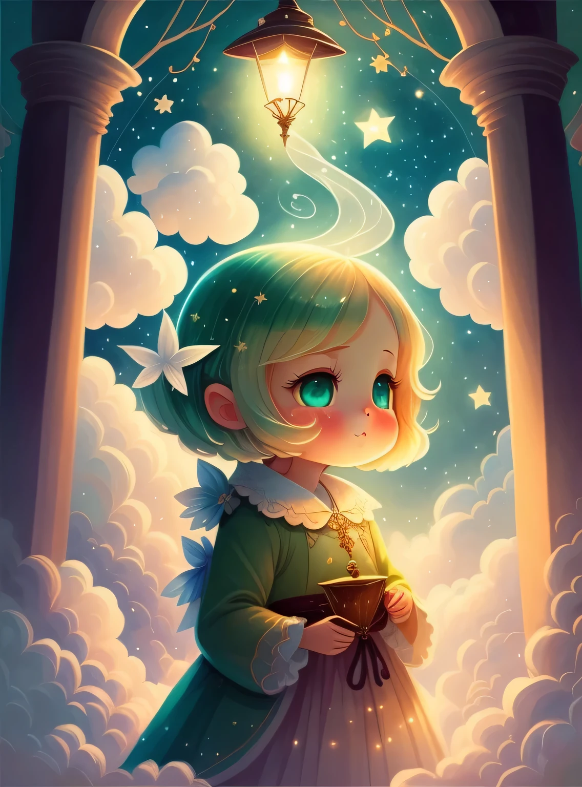dream sky, nuvens, As estrelas, Bonito, cabelos de cores claras, pale green eyes, teia, a fairy tale illustration, Uma obra-prima sob luz brilhante, arte deslumbrante, lamparina! A arte da magia, arte de conto de fadas, arte inspiradora, obras de arte requintadas