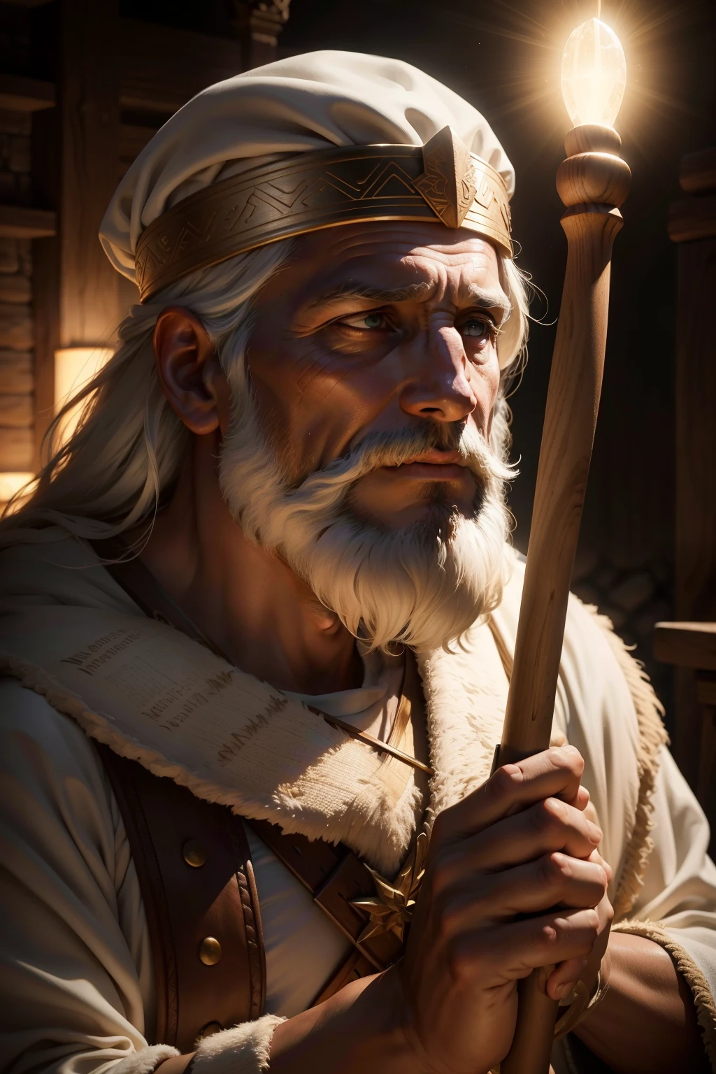 Moses from the bible holding a wooden staff,beautiful lighting, melhor qualidade, Realistic, imagem real, detalhes intrincados, altamente detalhado, Fujifilm XT3, sem antecedentes, beautiful lighting, Foto RAW, 8k UHD, filmic grain, History of the SEM
