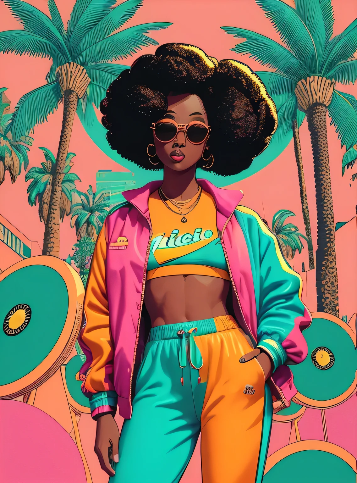 (((retro art style))) ((obra de arte)) Uma garota com cabelo afro , oculos de sol , retro jacket , retro sweatpants , retrato de corpo inteiro , neutral expression , (Vaporwave aesthetics) , Palmeiras , figura do busto , discos de vinil , letras japonesas , vivid ,,