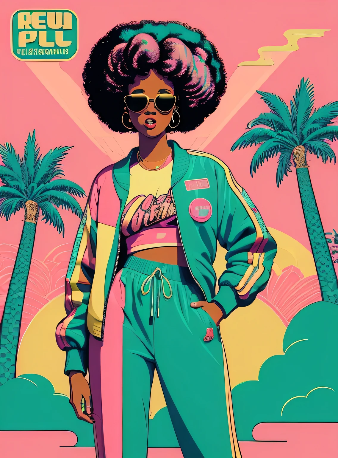 (((retro art style))) ((obra de arte)) Uma garota com cabelo afro , oculos de sol , retro jacket , retro sweatpants , retrato de corpo inteiro , neutral expression , (Vaporwave aesthetics) , Palmeiras , figura do busto , discos de vinil , letras japonesas , vivid ,,