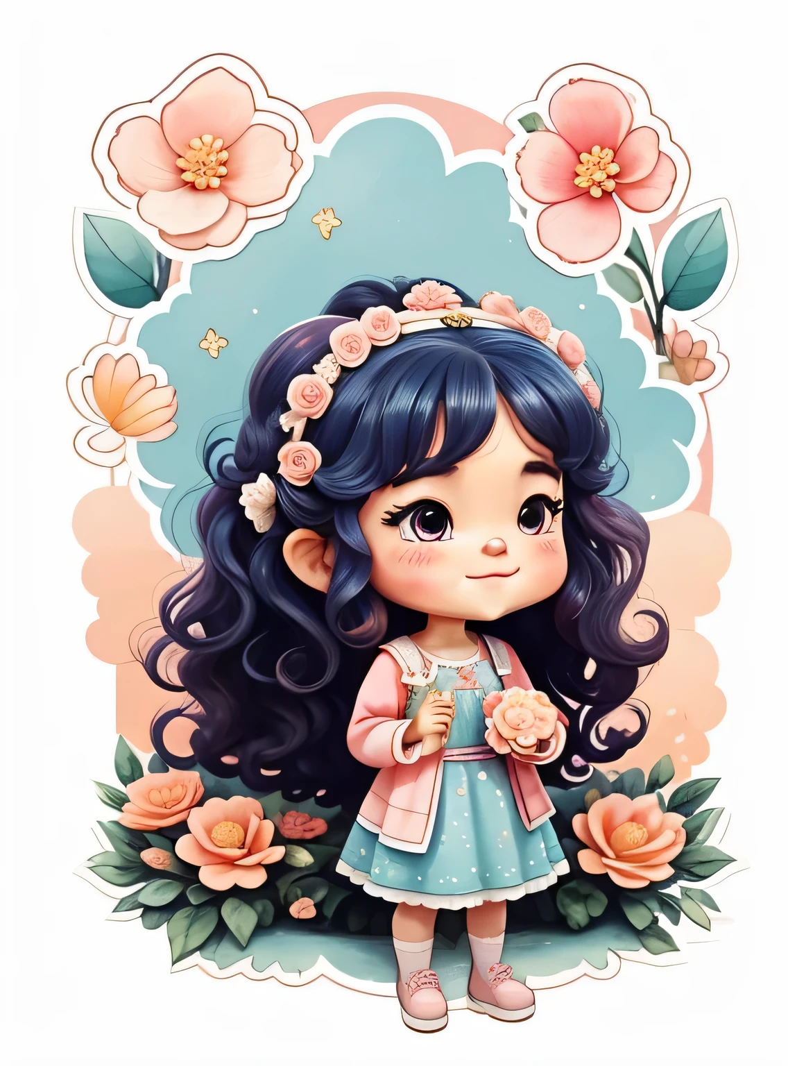 Generate image of a Bonitinho king's daughter princess praying, curly hair standing full body, ansioso, segurando flores em aquarela, sorridente;, vestido floral azul e rosa com babado rosa, alta qualidade, com fundo png, 16k, clear image , Bonitinho