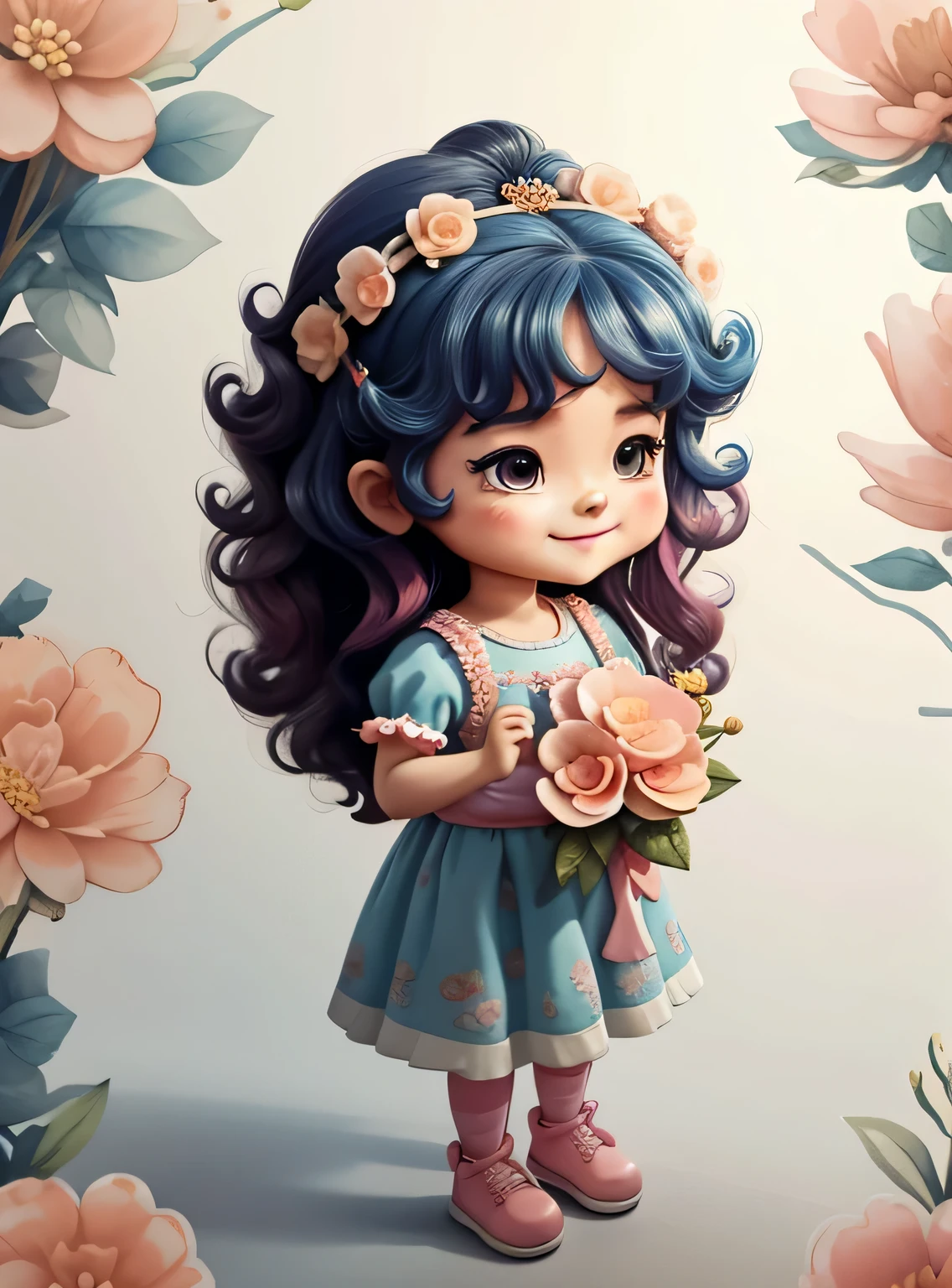 Generate image of a Bonitinho king's daughter princess praying, curly hair standing full body, ansioso, segurando flores em aquarela, sorridente;, vestido floral azul e rosa com babado rosa, alta qualidade, com fundo png, 16k, clear image , Bonitinho