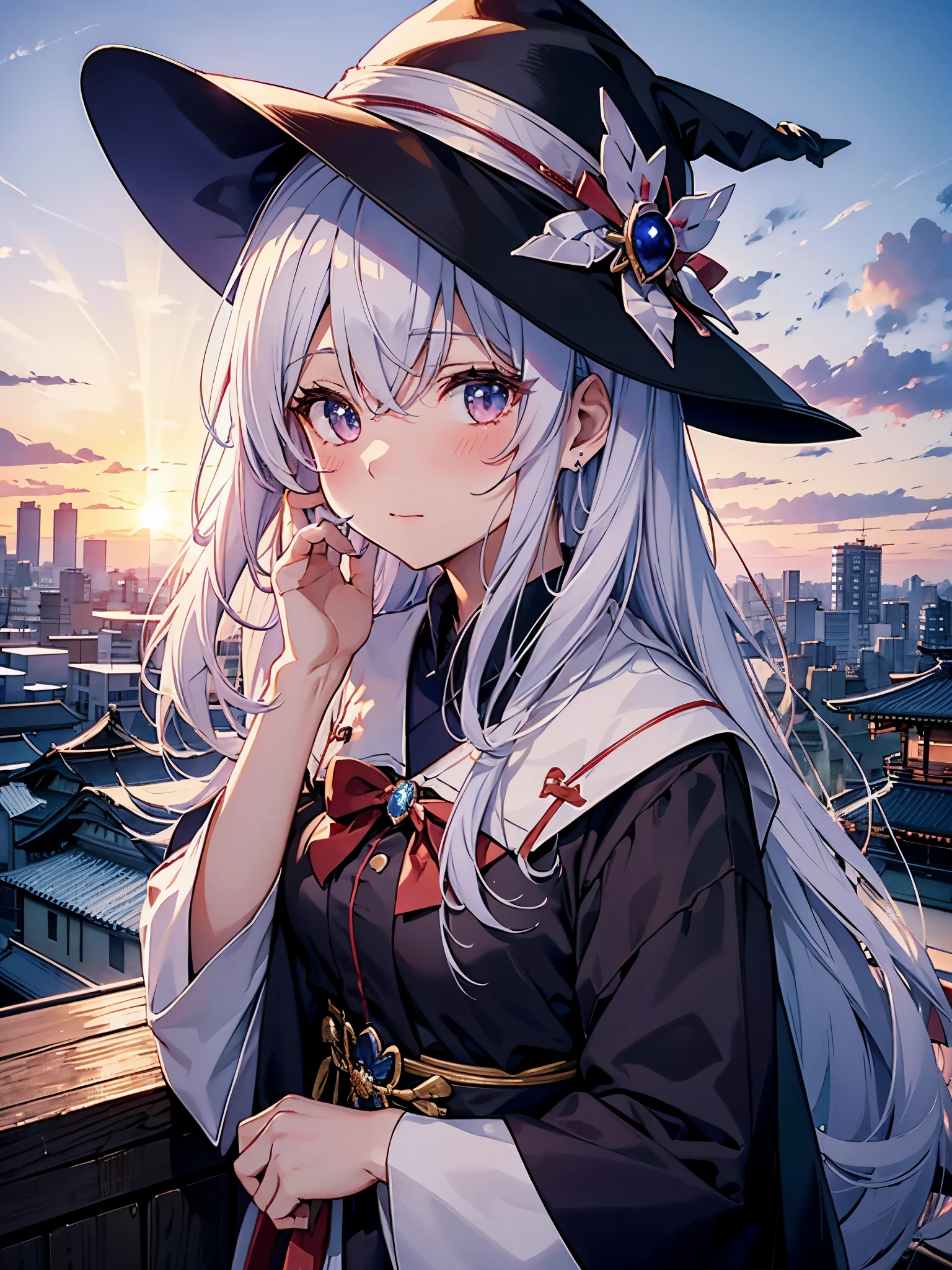 Japan 、She wears a large witch's hat with sapphire accessories、She wears her Japan high school uniform、she has white hair、I'm on the roof of a high school in Tokyo at twilight where you can see the sunset.、She is blushing and a little shy、I'm fidgeting、