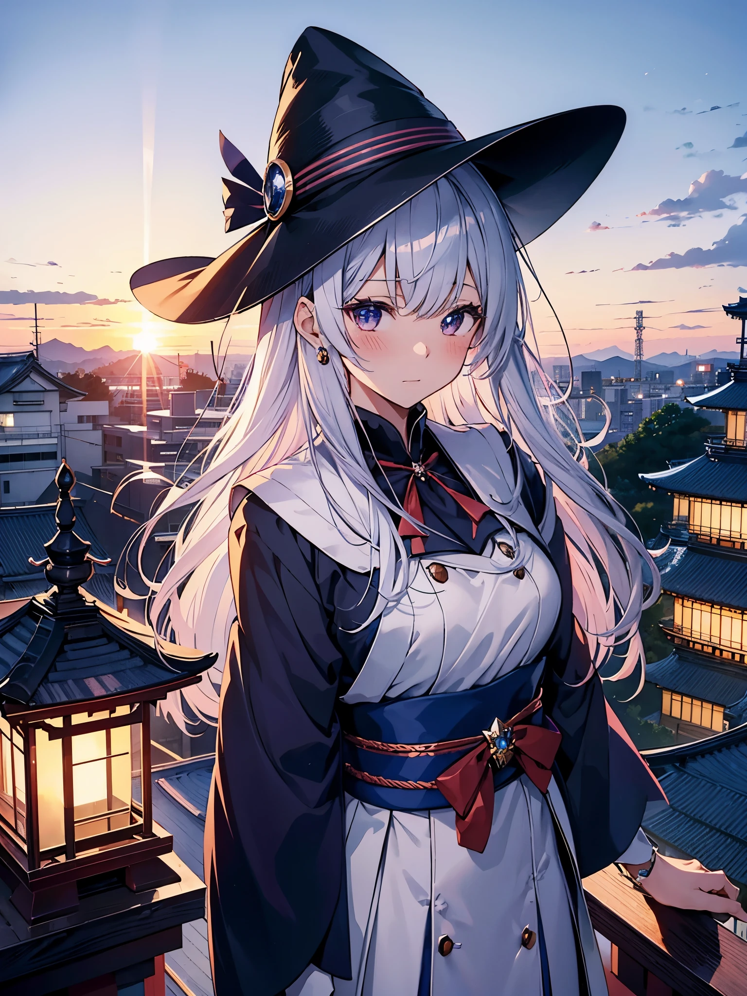 Japan 、She wears a large witch&#39;s hat with sapphire accessories、She wears her Japan high school uniform、she has white hair、I&#39;m on the roof of a high school in Tokyo at twilight where you can see the sunset.、She is blushing and a little shy、I&#39;m fidgeting、