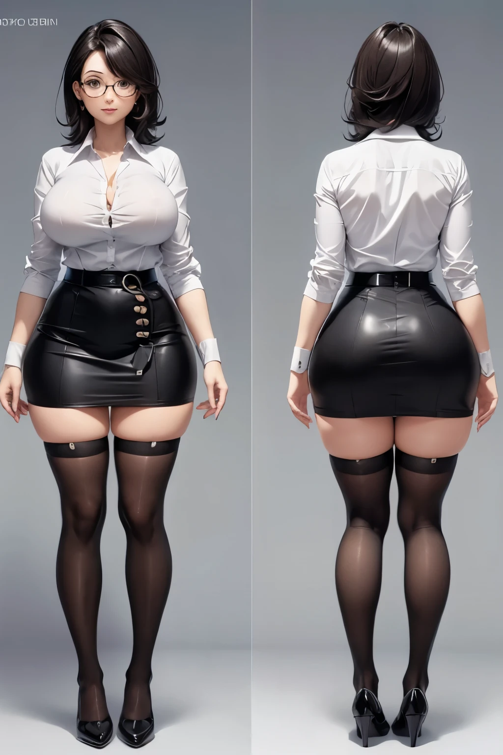 (((character design sheet, front, back))), curvy woman, glasses, anime, cleavege, huge breasts, glasses, short dark hair, (balck tight skirt), ((white shirt with open buttons)), stockings, garterbelt.