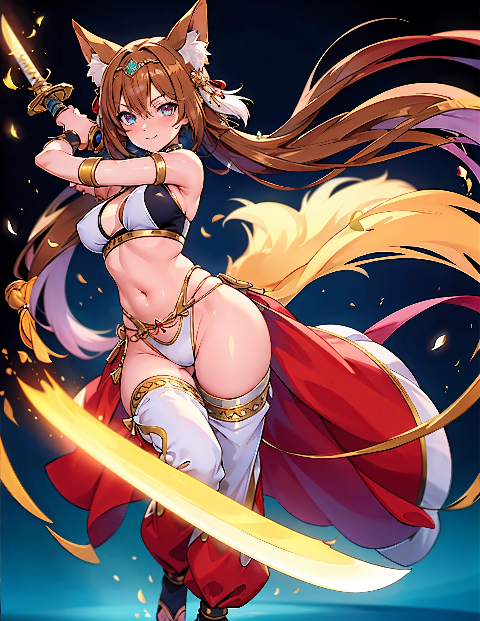 (best quality, 4k, 8k, highres, masterpiece:1.2), ultra-detailed, ((fox girl)), ((brown hair)), ((full body)), ((perfect body)), ((standing pose)), ((very baggy and long belly dance harem pants)), ((detailed pants)), ((perfect pants)), ((holding a big sword)), ((detailed sword)), ((perfect sword)), ((fully detailed)), illustration, vivid colors