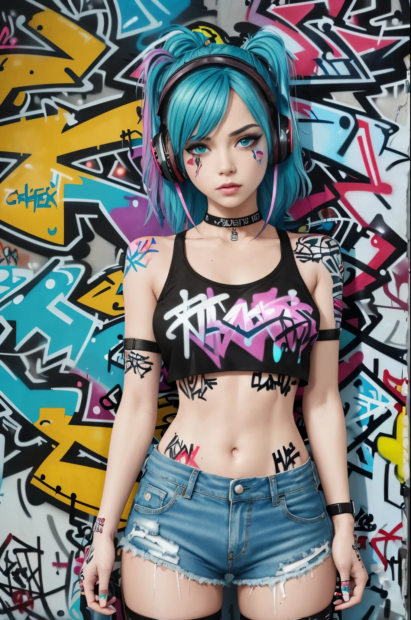 masterpiece, best quality, 1girl, solo, crop top, denim shorts, choker, (graffiti:1.5), paint splatter, arms behind back, against wall, looking at viewer, armband, thigh strap, paint on body, head tilt, bored, multicolored hair, aqua eyes, headset,