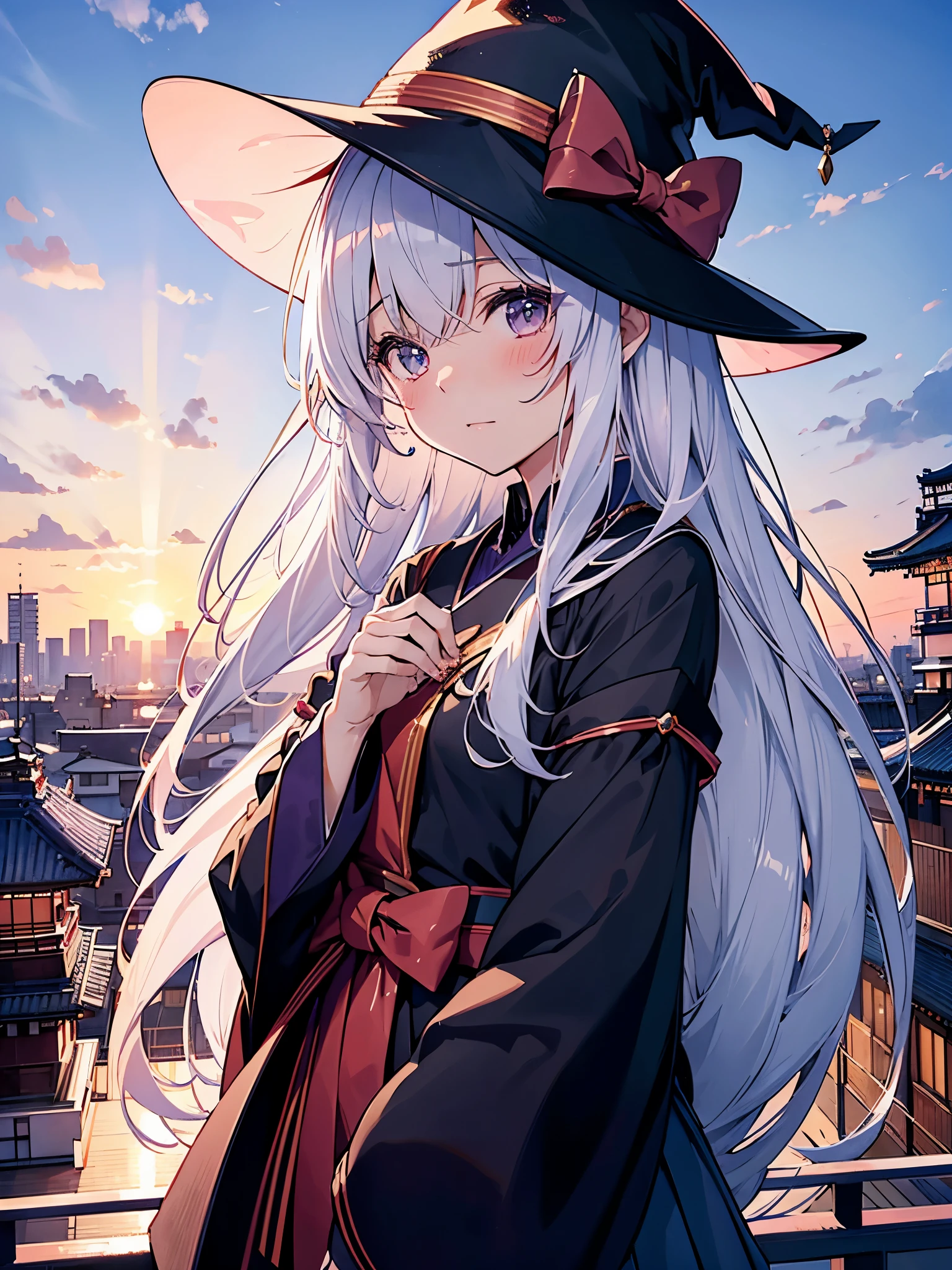 Japan 、She wears a large witch's hat with sapphire accessories、She wears her Japan high school uniform、she has white hair、I'm on the roof of a high school in Tokyo at twilight where you can see the sunset.、She is blushing and a little shy、I'm fidgeting、