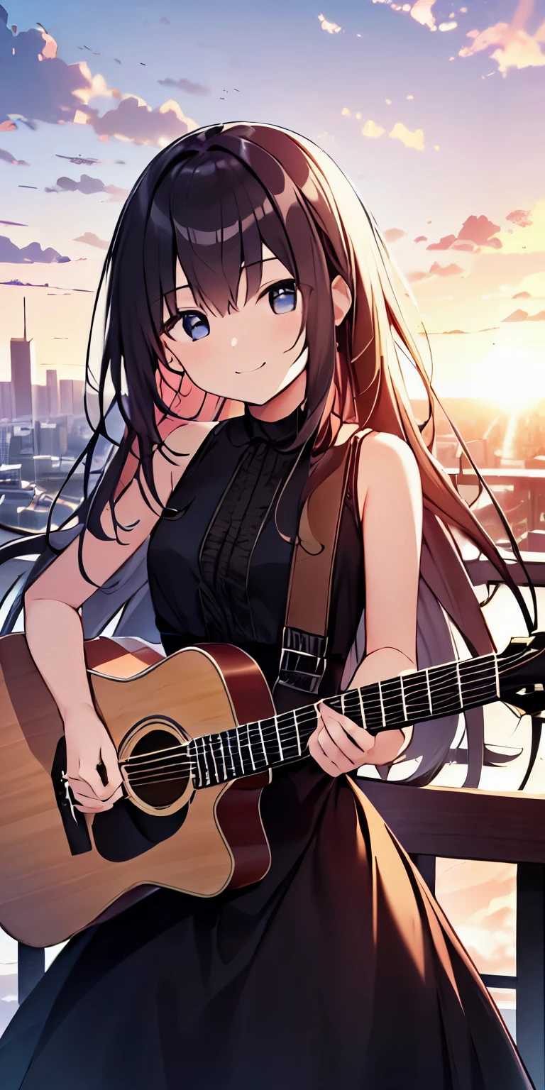 table top, highest quality,figure, wallpaper, ultra detail, absurd,Tips for 16 year old girl with long wavy hair, alone, (long hair、(play the guitar)、Smile、Overlooking the city from the top of the hill、the sunset is beautiful、the wind is strong、(Versatile Poses)Wearing a black dress