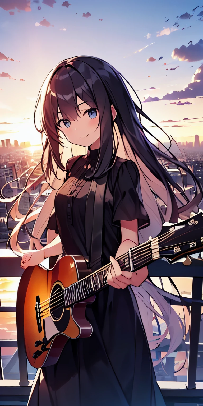 table top, highest quality,figure, wallpaper, ultra detail, absurd,Tips for 16 year old girl with long wavy hair, alone, (long hair、(play the guitar)、Smile、Overlooking the city from the top of the hill、the sunset is beautiful、the wind is strong、(Versatile Poses)Wearing a black dress