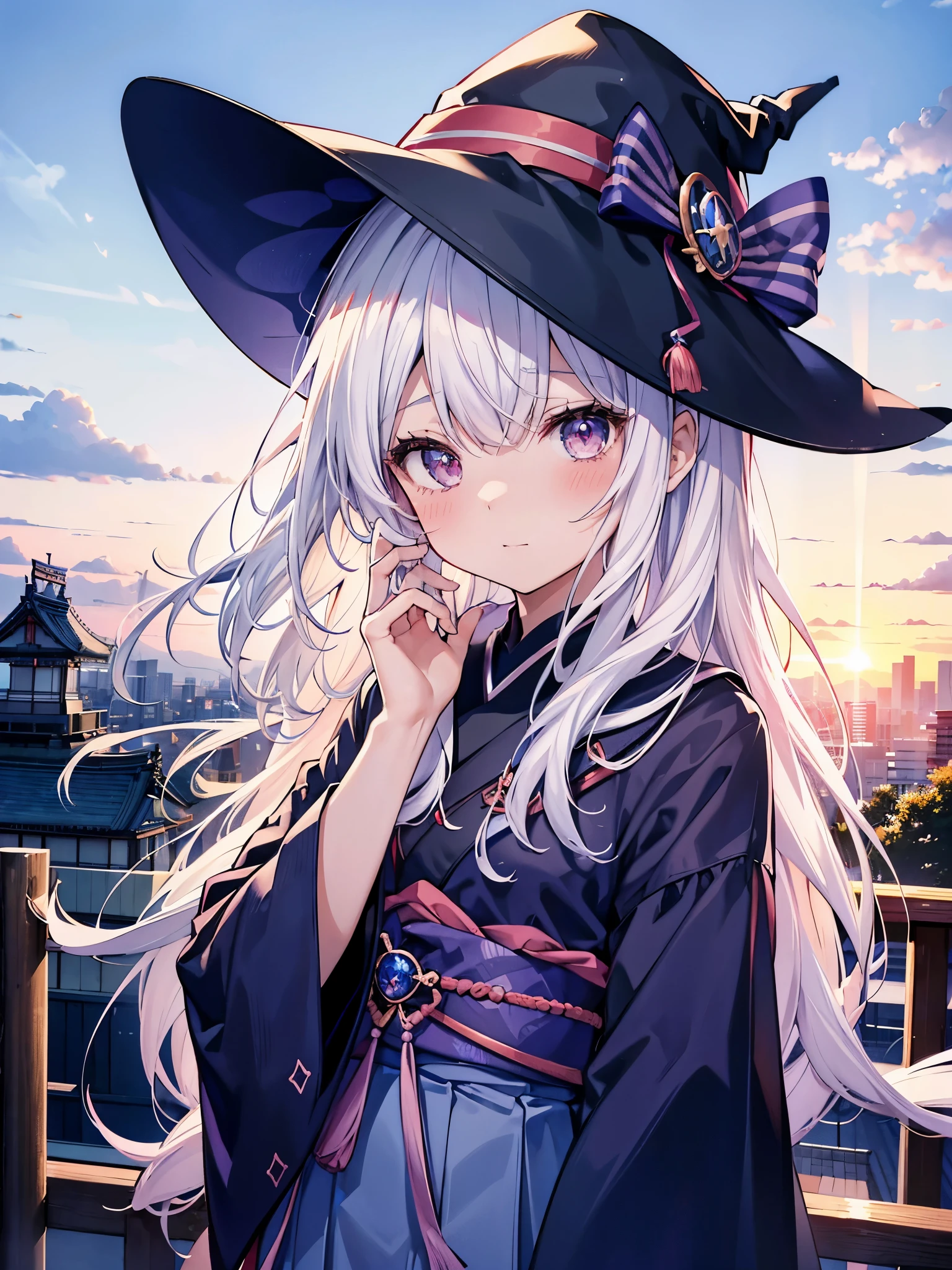 Japan 、She wears a large witch&#39;s hat with sapphire accessories、She wears her Japan high school uniform、she has white hair、I&#39;m on the roof of a high school in Tokyo at twilight where you can see the sunset.、She is blushing and a little shy、I&#39;m fidgeting、