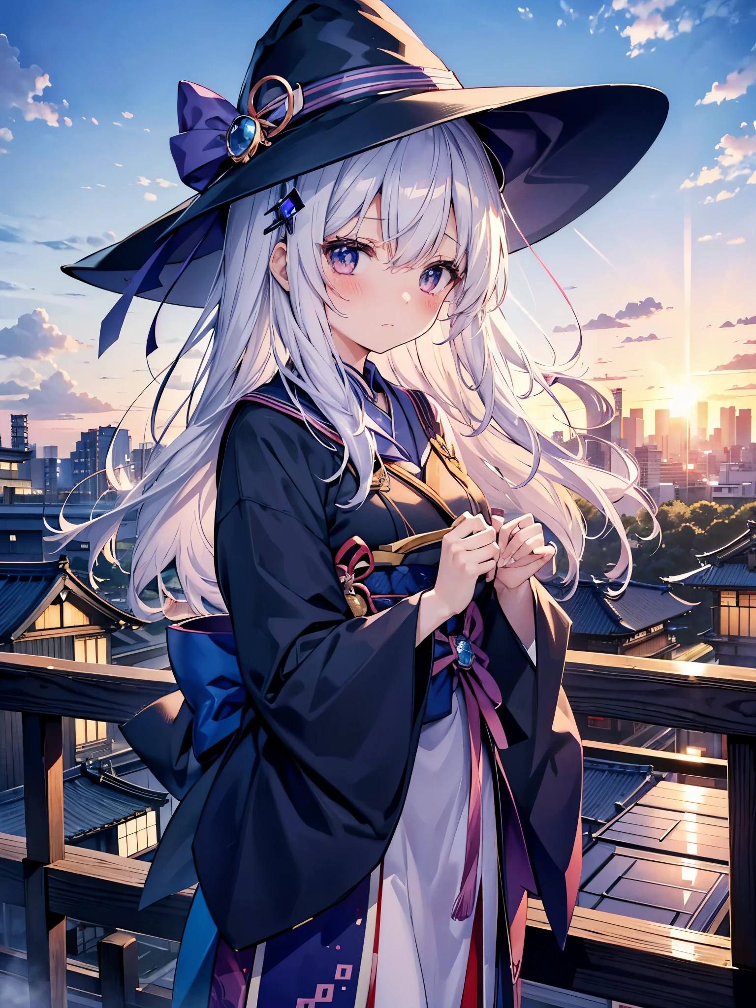 Japan 、She wears a large witch&#39;s hat with sapphire accessories、She wears her Japan high school uniform、she has white hair、I&#39;m on the roof of a high school in Tokyo at twilight where you can see the sunset.、She is blushing and a little shy、I&#39;m fidgeting、
