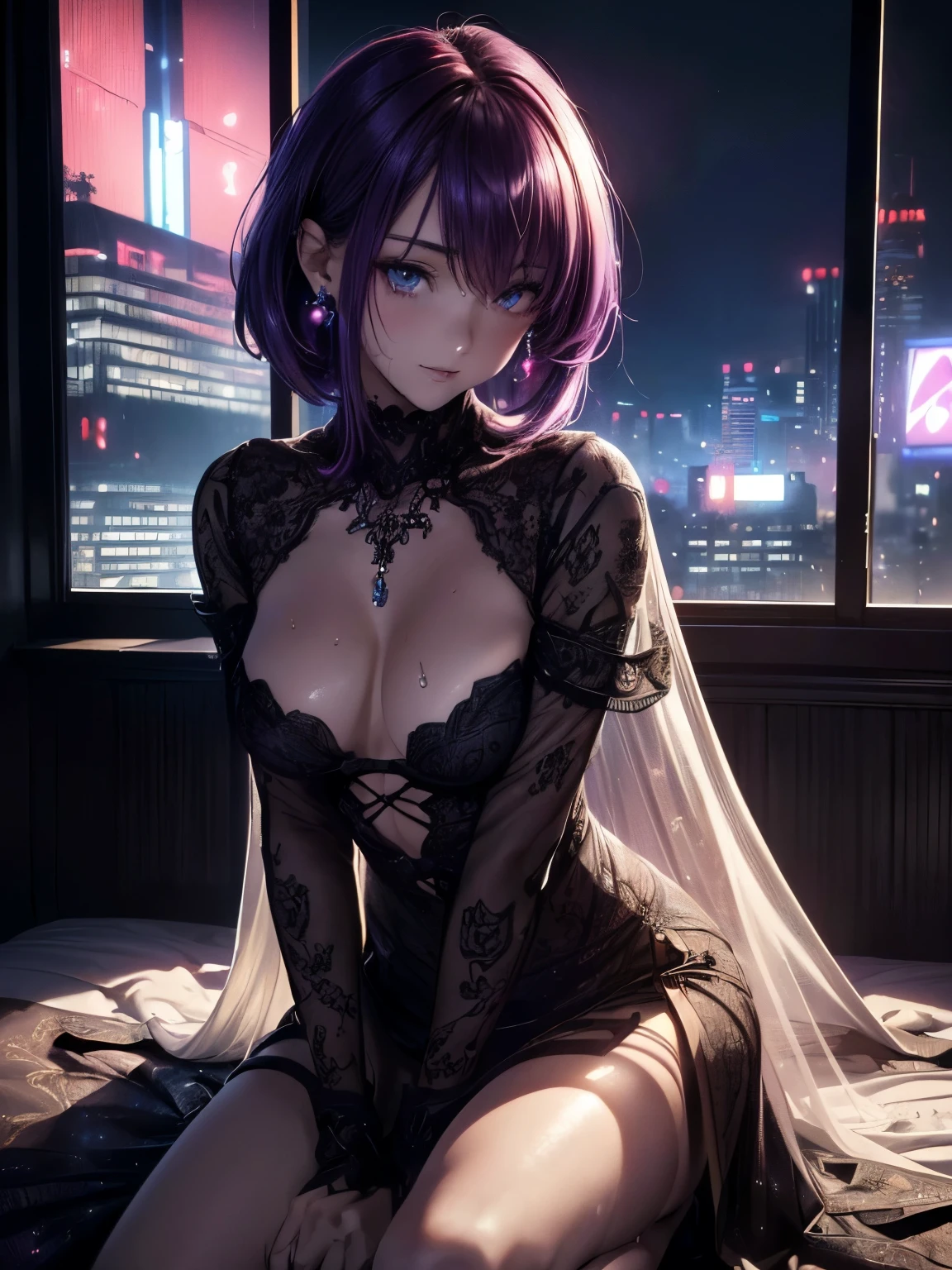 ,topaz eyes, (small breast:1.5), dress, thighhighs, (sexy standing on knee:1.2), masterpiece, best quality, ultra-detailed, illustration,(1girl), (beautiful detailed eyes, short hair, hair over one eye sweaty body, seductive face, smile, jewelry, floating hair, earrings, necklace, seductive face,(nurce outfit or skymfy clothes, white, red or beige dress,clothes, ((purple hair))) ((undressing one of part underwear herself in front of an viewer,from below to up view,dynamic angle, erotically straight standing on knee capturing the moment when her clothes are lowered)). ((masterpiece)), ((best quality)), ((highest quality)), ((ultra-detailed)), ((8k cg wallpaper)), ((extremely delicate and beautiful)), ((illustration)), (high resolution), ((extremely beautiful detailed anime face))((extremely detailed game cg characters eyes))((Masterpiece, 4k, 8k, highres)), bed by large window, bedroom, shadowplay emphasizing beauty, artistic composition. apartment, large window, city background, (night:1.2), (city at night, buildings, neon lights, (noir, dark:1.3), skyscraper, top floor, penthouse, lounge:1.3), best quality, ultra detailed,p (best quality,highres,masterpiece:1.2),ultra-detailed,(realistic:1.37)slightly sweat glistening on her body,gentle warmth,dark and mysterious, masterpiece, best quality, ultra-detailed, illustration, bedroom alluring bedroom setting, dark and moody lighting, seductive ambiance, soft and sensual color tones, silky-textured fabric, detailed cloth draping best quality,4k,8k,highres,masterpiece:1.2),ultra-detailed,(realistic,photo-realistic:1.37) vibrant color