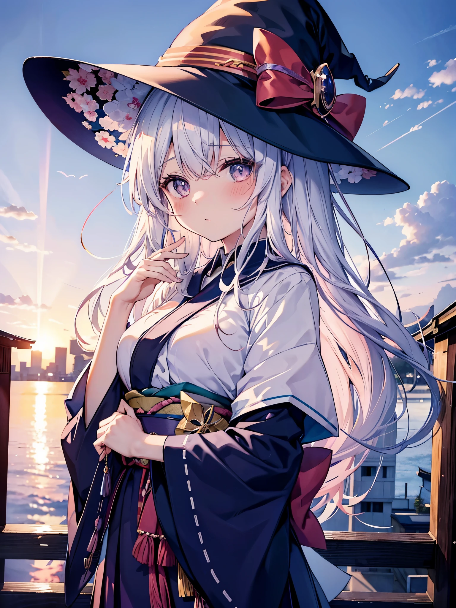 Japan 、She wears a large witch's hat with sapphire accessories、She wears her Japan high school uniform、she has white hair、I'm on the roof of a high school in Tokyo at twilight where you can see the sunset.、She is blushing and a little shy、I'm fidgeting、