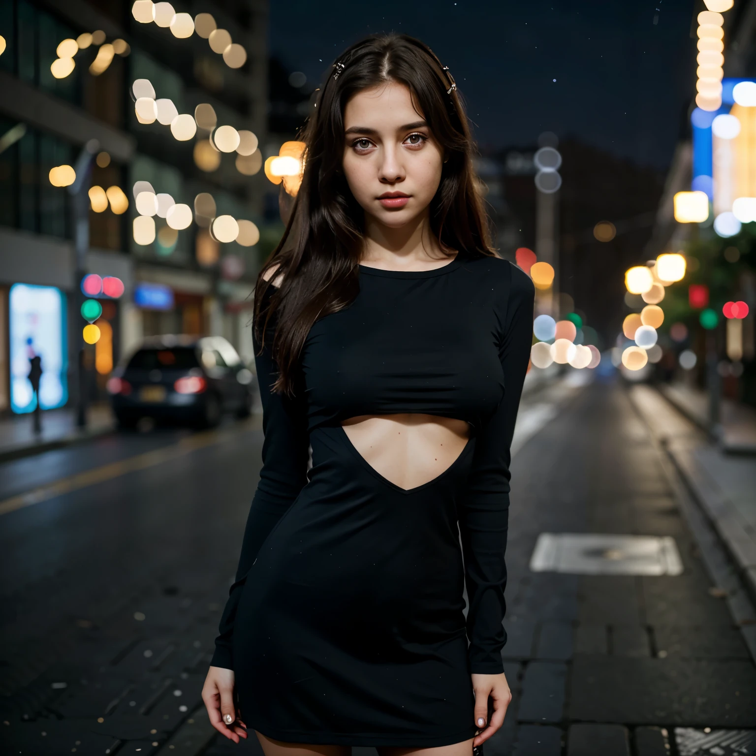best quality, (((1girl))), solo, (bokeh:1.5), (realistic:1.2), ((looking at viewer)), looking at viewer, ((ultra-detailed eyes and pupils)), black eyes, ultra detailed, tight dress, (standing against a street at night), (night:1.5), 
