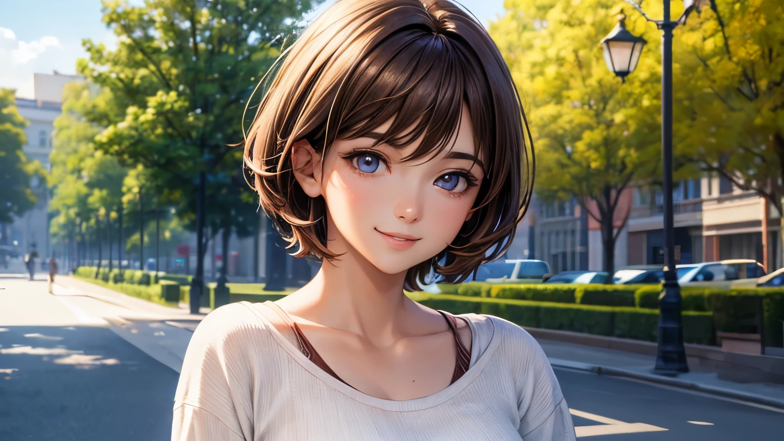 masterpiece, (highest quality), woman1名,1 girl ,Tanrou, brown hair , smiling,short hair,woman, casual clothes,Bright colors ,Natural light ,rtx, medium breasts, beautiful, (detailed face:1.2), Showcase, (perfect eyes:1.1) ,(realistic:1.1), 8K UHD, park back round