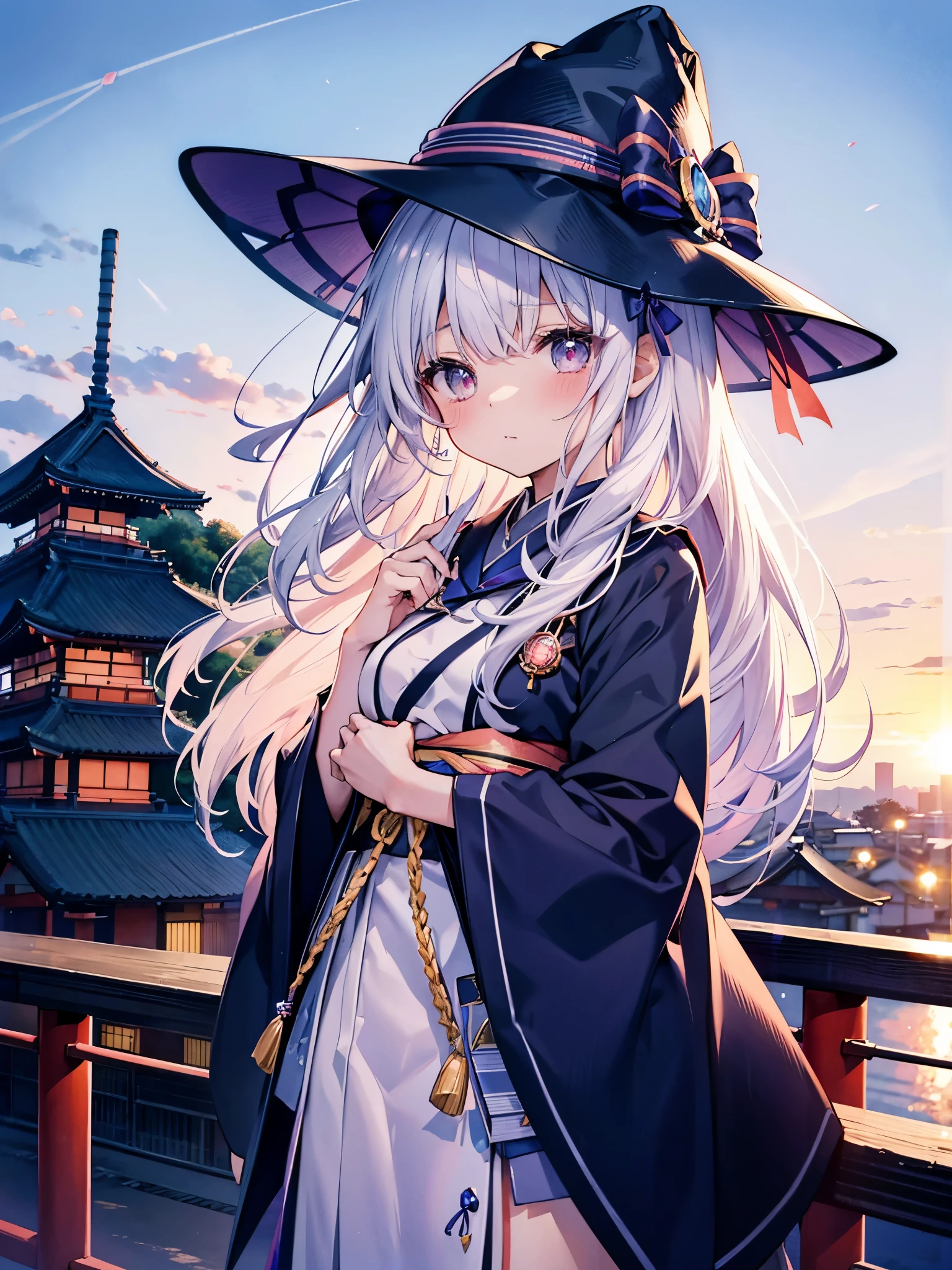 Japan 、She wears a large witch's hat with sapphire accessories、She wears her Japan high school uniform、she has white hair、I'm on the roof of a high school in Tokyo at twilight where you can see the sunset.、She is blushing and a little shy、I'm fidgeting、