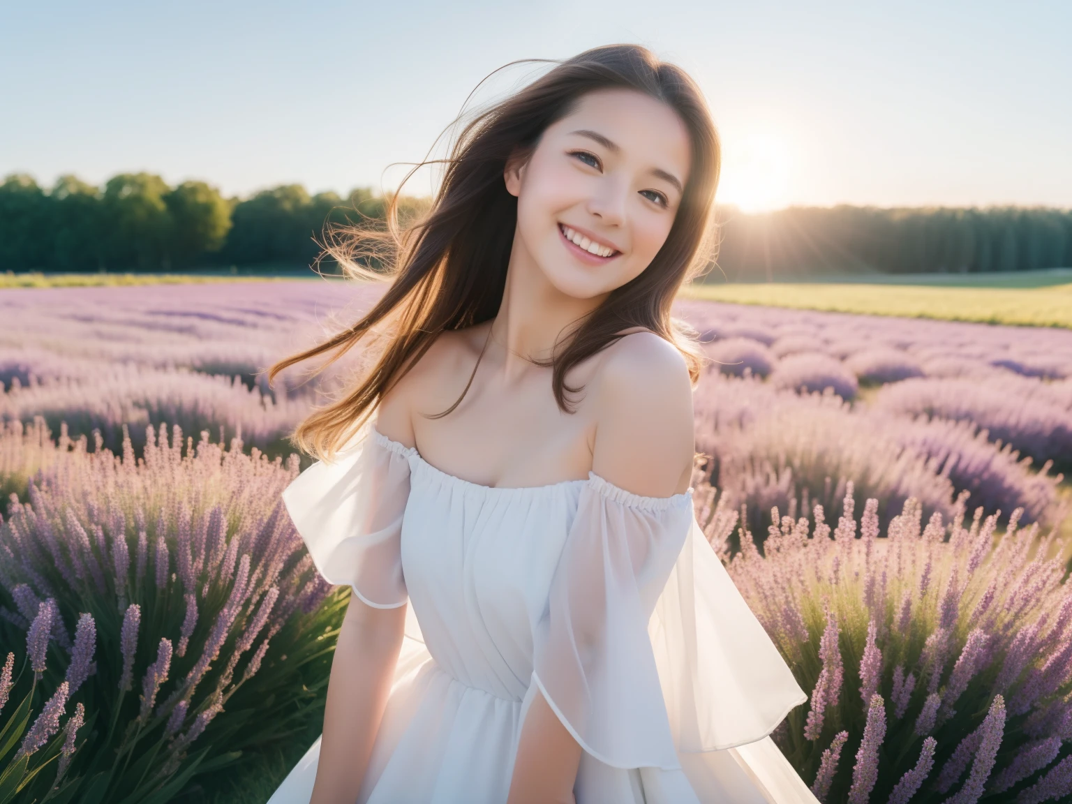 highest quality, masterpiece, ultra high resolution, (realistic:1.4), RAW photo, 1 girl, white dress, off shoulder, lavender field,flower purple flower field, glowing skin, light smile