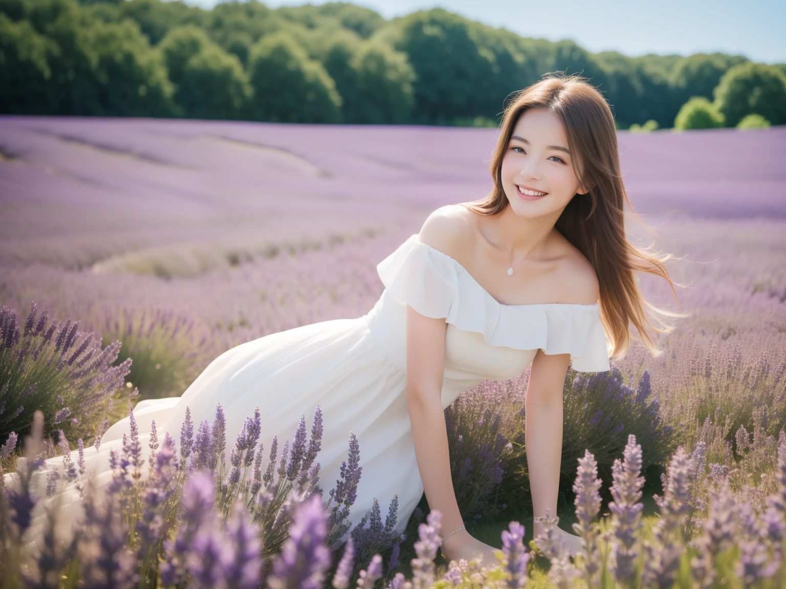 highest quality, masterpiece, ultra high resolution, (realistic:1.4), RAW photo, 1 girl, white dress, off shoulder, lavender field,flower purple flower field, glowing skin, light smile