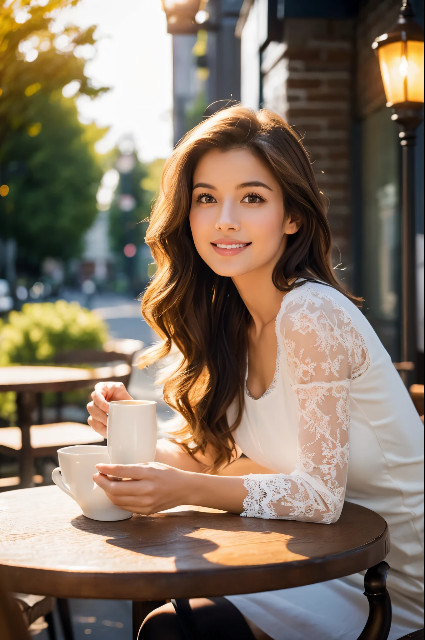 (8k, best qualtiy, Mastering:1.2), (realisticlying, photo-realistic:1.37), ultra-detail, 1 girl in, Skinny Japanese woman, looking at viewer, Black stockings, Beautiful detailed sky, Meticulous café, Sit at the table for afternoon tea, full bodyesbian, (smile:1.15), Small chests, Tight lace top, white lace chemise, Shoulders exposed, Beautiful exquisite eyes, In the daytime, rays of sunshine, (wavy hair:1.4), shoulder-length hair, brown hair, white skinned, cinematic lighting, lamplight, the street lights, (The sexiest actress: 1.4), fully body photo, long legs, high-heels, biologically correct physique